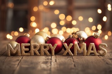 Golden glitter letters spelling Merry Xmas surrounded by red and gold ornaments on a wooden surface with warm glowing bokeh lights in the background
