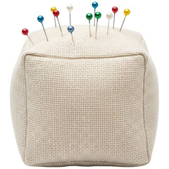 Essential sewing tool, a beige fabric pin cushion with multiple colorful pins