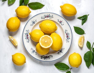 Overhead shot of lemons on a plate with leaves