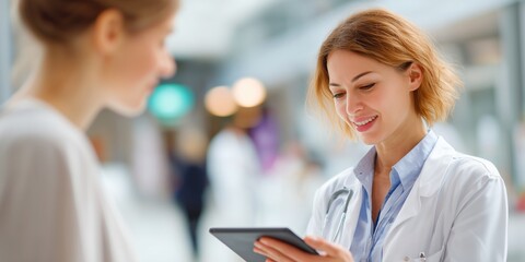 Young female doctor holding a tablet while consulting a patient in a bright medical clinic. Friendly expression, modern healthcare technology, and caring communication in focus.