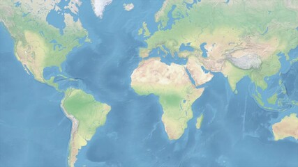 Airplane flying over world map animation. Soft pastel atlas style Earth map background video for travel, tourism, and geography education projects.