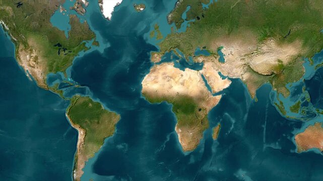 Airplane flying over world map animation. Global travel route video concept with Earth map background for tourism, transportation, and geography projects.