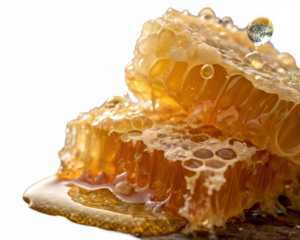 Close up of dripping honeycomb with golden honey isolated on transparent background