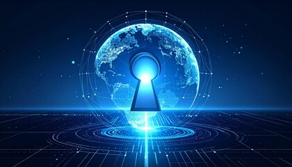 A digital Earth encased in a keyhole, surrounded by a data network