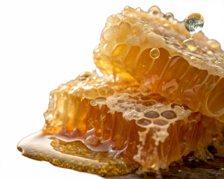 Close up of dripping honeycomb with golden honey isolated on transparent background