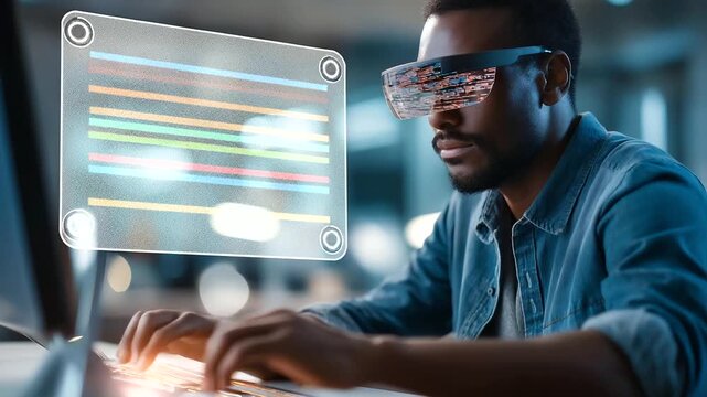 A Black engineer in virtual reality glasses codes in a terminal window debugging software a futuristic interface glowing his desk with a model robot VR coding software