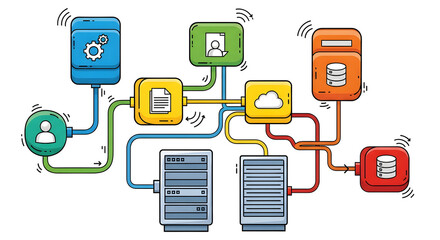 Colorful network diagram showing interconnected components like cloud storage, users, servers, and databases