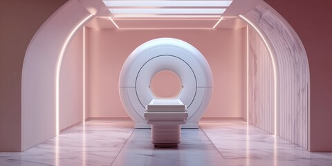 Modern MRI machine in a clean diagnostic room with ambient blue lighting. High-tech medical equipment in a futuristic hospital setting. Empty and ready for the next patient.