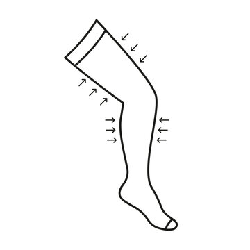 Compression stocking, socks on leg with arrows, line icon. Treatment varicose veins on foot. Medical therapy, rehabilitation clothes. Vector linear illustration