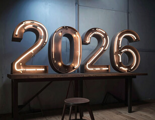 【年賀状】2026のネオン管と暗い室内のクールな装飾