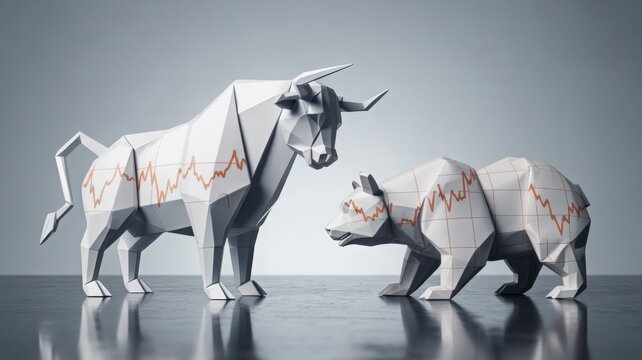 Depiction of a bull and a bear, symbolizing market trends, with financial chart overlayed 