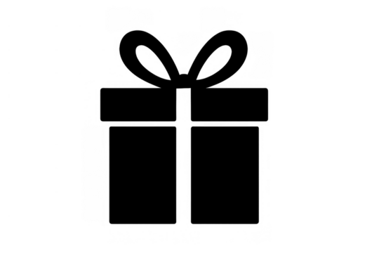 Gift box icon, black silhouette present with ribbon bow, celebrating birthdays, holidays, special occasion surprises, transparent background