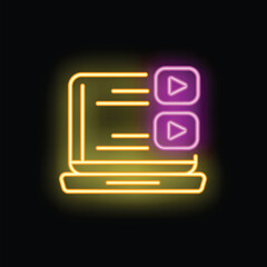 Neon laptop displaying a video playlist with glowing play buttons, symbolizing online entertainment and streaming services