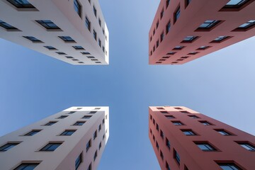 Obraz premium Modern buildings viewed from below against a clear blue sky