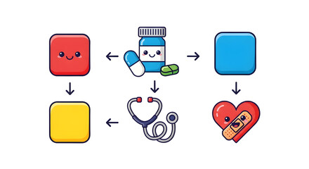 Cute cartoon medical icons illustrating a health process flow with pills, a stethoscope, and a bandaged heart