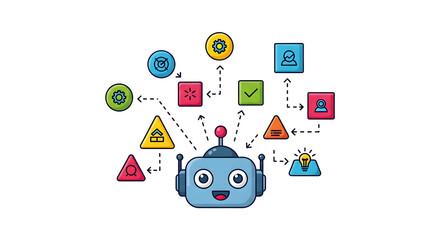 Cute robot head surrounded by interconnected process icons depicting automation and task management workflow