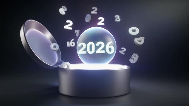 Hand opening a metallic time capsule labeled 2026 revealing a glowing orb with floating numbers, mysterious loop
