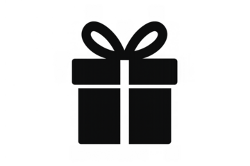 Black gift box icon with ribbon, celebrating holidays, birthdays, surprises, and promotions on transparent background