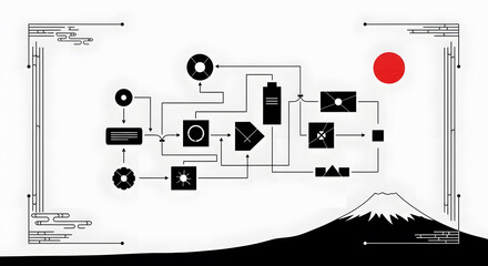 Detailed flowchart illustrating a data management system with Japanese landscape elements and decorative borders