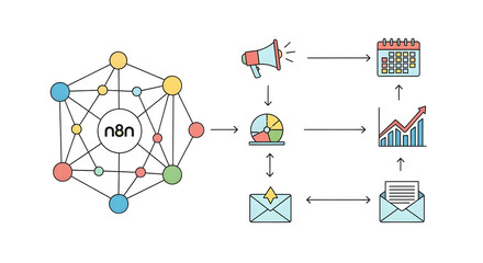 Diagrammatic flow illustrating a comprehensive marketing automation system with interconnected icons for business processes