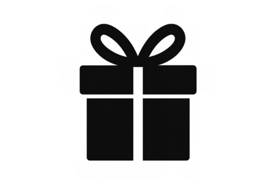 Black gift box icon with ribbon, celebrating holidays, birthdays, surprises, and promotions on transparent background