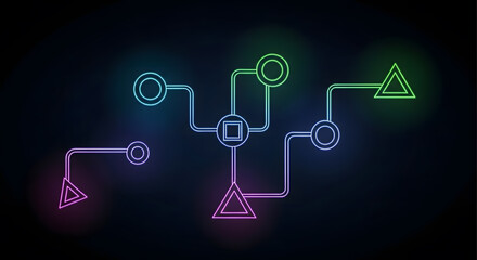 Digital network illustration showing glowing geometric forms linked by bright colorful pathways