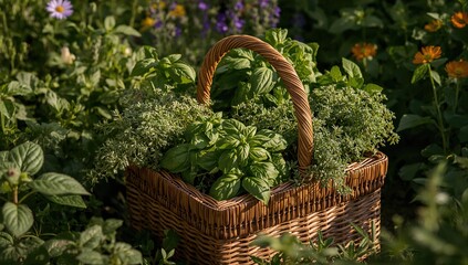 Basket filled with fresh herbs in a garden setting, beneficial for culinary use