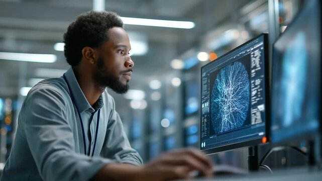 A data center developer monitors AI LLM visualizations on a PC screens showing neural network processes server racks in the background AI LLM development data center tech mach