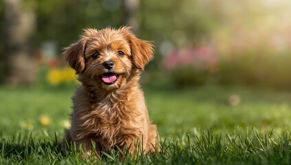 Fototapeta premium Adorable Fluffy Brown Puppy Posing Outside