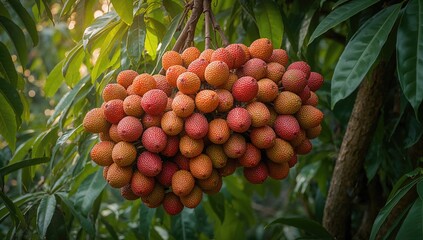 Group of litchi fruits hanging from branches