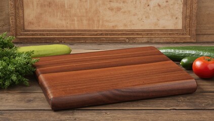 Wooden chopping board with fresh vegetables including tomato and cucumber on rustic table
