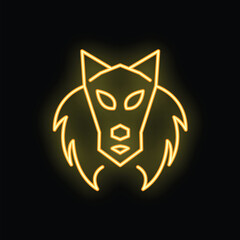 Neon sign representing the head of a wolf, looking forward, with glowing yellow neon on a black background