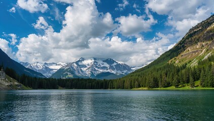 Snow-covered peaks and a stunning lake in a picturesque landscape