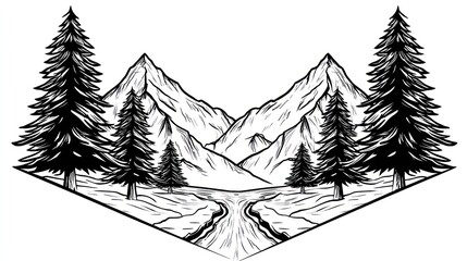 Fototapeta premium Monochrome mountain landscape with trees and river vector illustration