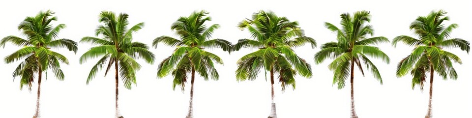 Fototapeta premium Six Coconut Palm Trees Standing Tall Against a Bright White Background in a Tropical Paradise Island Scene