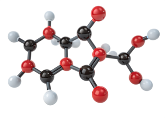 Detailed 3d molecular model of a complex organic compound with carbon oxygen and hydrogen atoms isolated on transparent background
