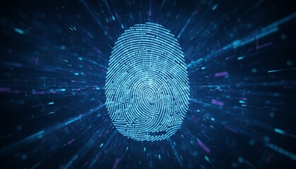 Digital fingerprint graphic on dark blue background with glowing data streams and particles radiating outward, symbolizing biometric security, identity protection and access control