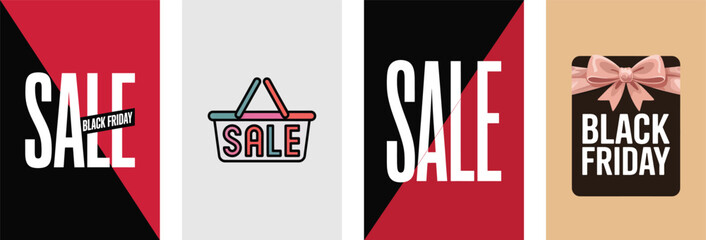 Set of bold Black Friday sale banners with typography, red and black backgrounds, and shopping basket illustration