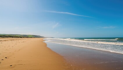 Obraz premium Empty beach featuring golden sand and crashing waves, ideal for relaxation and summer vibes