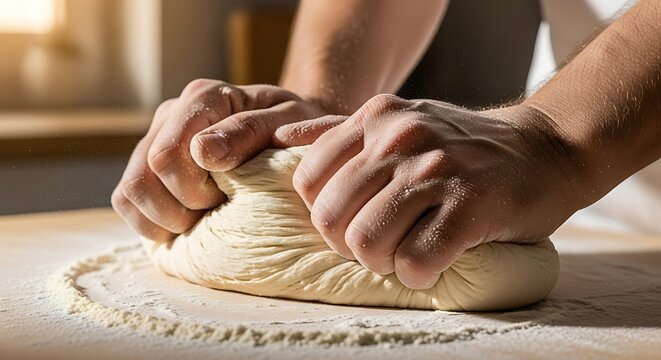 Baker s hands kneading fresh dough on a floured surface - Powered by Adobe