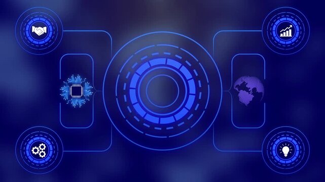 Futuristic digital interface displaying global network connections and advanced microchip technology with glowing blue HUD elements and data visualization on a dark blue - Powered by Adobe