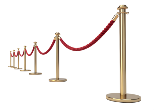 Elegant golden stanchions with plush red velvet ropes creating a queue line isolated on transparent background