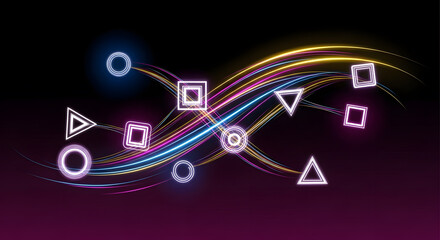 Dynamic stream of light waves swirling around glowing geometric shapes representing speed and data movement