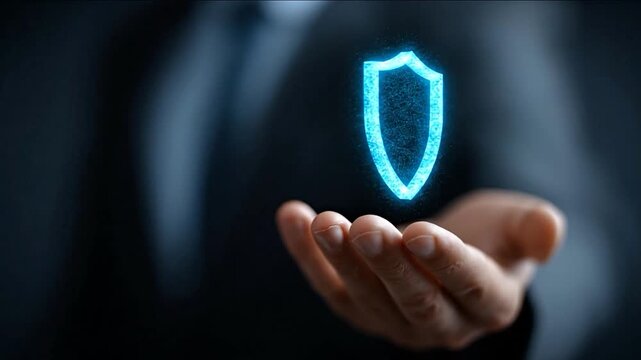 A glowing blue shield hovers over an open hand against a dark background