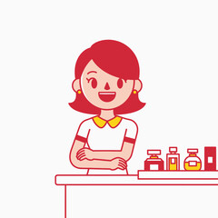 Smiling pharmacist woman with crossed arms at the counter.