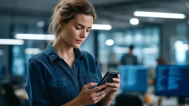 A female engineer develops apps using an AI LLM chatbot debugging on multiple devices a startup office with whiteboards AI app development chatbot debugging tech internship