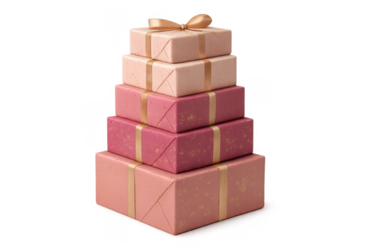 Stacked pink and gold gift boxes creating a tower of presents, celebrating holidays, birthdays, and special occasions