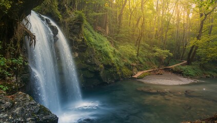 Obraz premium Long exposure shot of a waterfall surrounded by lush greenery