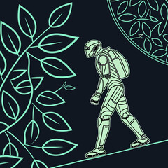 A futuristic robot with a backpack walks on a path surrounded by stylized leaves and a circular pattern symbolizing nature and technology