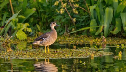 Fototapeta premium A lesser whistling duck (Dendrocygna javanica) resting on water lettuce in a pond